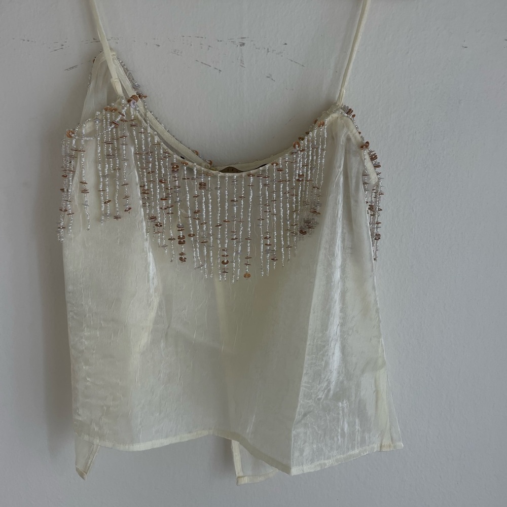 House of Harlow 1960 Ivory Satin Beaded Spaghetti Strap Tank - Picture 7 of 7